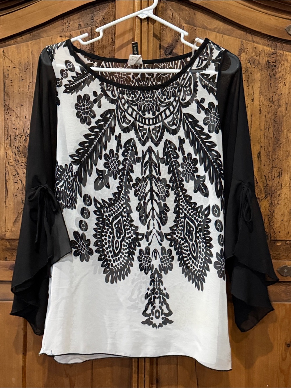 Women's Black & White sheer Blouse - R Rouge